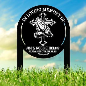 Custom Cross with Praying Hands Memorial Plaque Stake, Personalized Religious Grave Marker, Sympathy Sign, Remembrance Stake