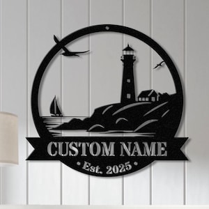 Personalized Lighthouse Metal Sign, Custom Lighthouse Name Sign, Beach House Decor, Harbor Sign, Lighthouse Metal Wall Art, Coastal Decor