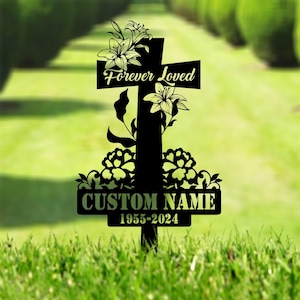 Custom Floral Cross Memorial Metal Stake, Cross Memorial Plaque with Stake, Sympathy Sign, Grave Marker, Remembrance Stake, Cross Sign