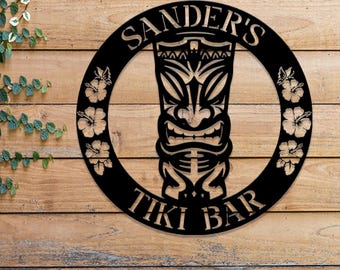 "Tiki Bar Metallschild mit LED-Licht, personalisiertes ""Tiki Lounge"" Schild, Hawaiianische Tribaldekoration, Papa Geschenke."