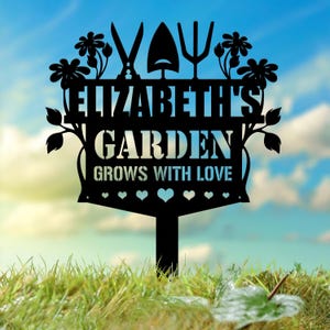 Custom Garden Tools Yard Stake, Personalized Grows With Love Metal Sign, Outdoor Garden Sign, Gardener Gifts, Garden Decor
