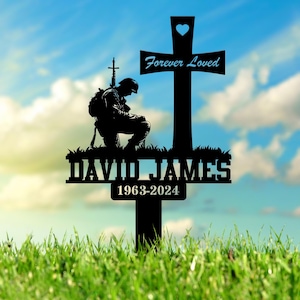 Custom Soldier Kneeling Metal Memorial Stake, Personalized Veteran Army Grave Marker Name Sign, Military Remembrance Stake, Sympathy Gift