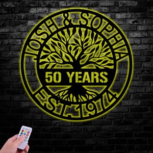 Custom Tree of Life Anniversary Metal Sign with LED Light, 50th Wedding Anniversary Gift, Personalized Family Name Wall Art