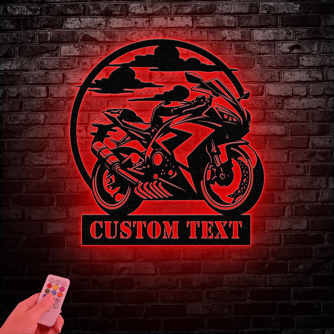 Custom Motorcycle Sign With LED Lights - Motorbike Metal Wall Art ...