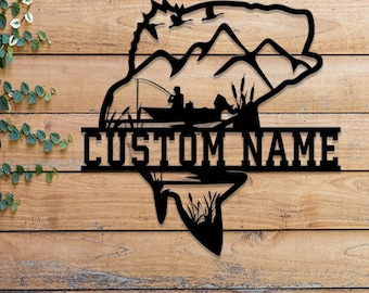 Custom Largemouth Bass Fishing Metal Sign with LED Light, Fishing Name Sign, Lake House Decor Fish Art Wall Sculpture, Bass Fishing Gift