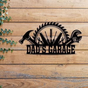 Insegna in metallo personalizzata con attrezzi meccanici, decorazione murale &quot;Officina di papà&quot;, decorazione con attrezzi da tuttofare, insegna da garage, arte con attrezzi da riparazione, decorazione murale da garage