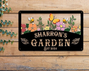 Custom Name Floral Garden Sign, Custom Metal Hanging Garden Plaque, Personalized Metal Gardening Present, Gardener Name Sign, Yard Decor