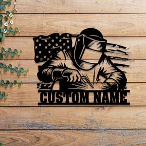 Personalized US Flag Welder Metal Sign with Led Light, Custom Mechanic Name Wall Art, Ironworker Sign, Welder Metal Wall Art, Welder Gift