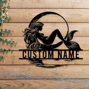 Mermaid On The Moon Metal Sign with LED Lights, Custom Mermaid Neon Wall Decor, Personalized Mermaid Metal Wall Hanging for Home Decoration