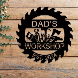 Cartello in metallo personalizzato con attrezzi da meccanico, cartello &quot;Officina per papà&quot;, cartello personalizzato con attrezzi da tuttofare, cartello per garage, decorazione murale con attrezzi da riparazione, decorazione murale per garage