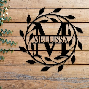 Personalized Initial Metal Sign with Vines, Custom Monogram Wall Art, Outdoor Metal Sign, Circle Letter Monogram for Housewarming