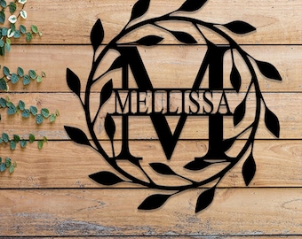 Personalized Initial Metal Sign with Vines, Custom Monogram Wall Art, Outdoor Metal Sign, Circle Letter Monogram for Housewarming