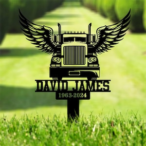 Custom Semi Truck with Wings Memorial Plaque, Personalized Trucker Memorial Metal Stake, Trucker Name Sign, Sympathy Sign, Grave Marker