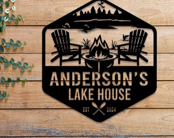 Personalized Lake House Plaque, Forest Metal Sign, Family Name Art, Camping Decor, Front Porch Wall Decoration, Nature Lover Gift