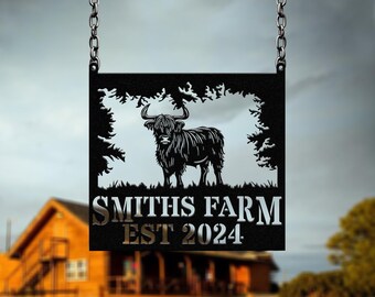 Highland Cow Metal Sign, Custom Highland Cow Wall Art, Personalized Highland Cow Farm Sign, Farmhouse Decor, Ranch Decor, Cow Door Hanger