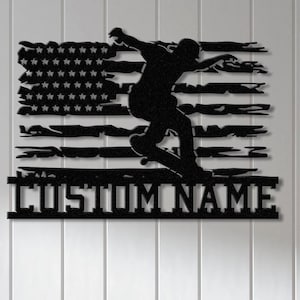 Arte de pared de metal con luz LED y diseño de patinador con bandera estadounidense personalizada, letrero con nombre de patineta personalizado, decoración de guardería, letrero de patinaje, decoración de habitación de niños
