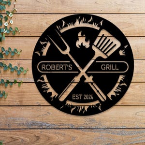 Benutzerdefiniertes rundes Metallschild Grill mit LED-Licht, personalisierte Wandkunst für Küchen im Freien, Garten-Barbecue-Dekor