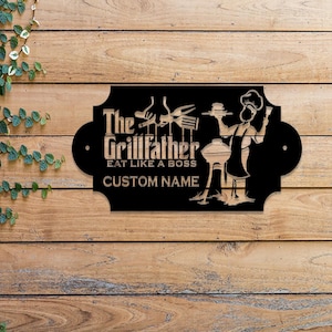 Personalized &quot;The Grill Father&quot; Metal Sign with LED Light, Custom BBQ Sign, Bar Signs, Outdoor Kitchen Decor