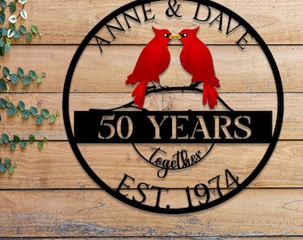 Custom 50th Anniversary Gift, Golden Wedding Metal Sign with Cardinal Birds, Personalized Wall Art for Parents, Wedding Anniversary Gift