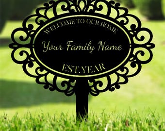 Home Ornate Family Name Garden Metal Stake, Personalized  Family Name Yard Sign, Outdoor Door Decor, Garden Art, Gift for Garden Lovers