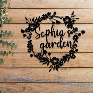 Custom Floral Metal Garden Sign, Personalized Garden Name Sign, Outdoor Metal Lawn Decor, Garden Gift