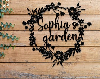 Custom Floral Metal Garden Sign, Personalized Garden Name Sign, Outdoor Metal Lawn Decor, Garden Gift