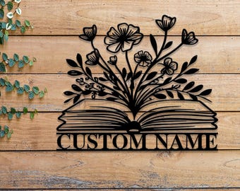 Personalized Floral Books Metal Sign, Custom Library Sign, Bookworm Sign, Book Club Decor, Reading Room Sign, Books Metal Wall Art