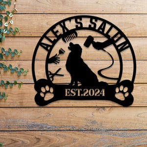 Custom Dog Grooming Hair Salon Metal Wall Art LED Light, Personalized Groomer Name Sign, Pet Grooming Décor, Salon Décor