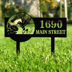 Hummingbird Address Metal Yard Sign Custom, Address Garden Stake, Personalized Lawn Address Sign, Address Garden Stake, House Number Sign