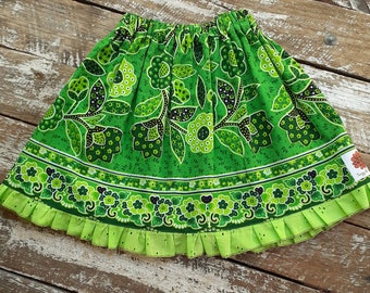 Girls Vintage Green Cotton Skirt with Elastic Waistband and Anglaise Ruffle.