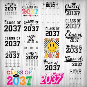 Puede incluir: Una colección de 20 diseños de graduación diferentes con el año 2037. Los diseños son de varios colores y estilos, incluyendo blanco y negro, arcoíris y rosa. Los diseños incluyen texto, gráficos y bordes.