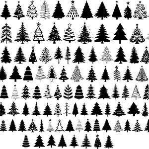 Puede incluir: Una colección de 100 ilustraciones de árboles de Navidad en blanco y negro en varios estilos. Los árboles son todos de diferentes formas y tamaños, y algunos tienen adornos u otras decoraciones.