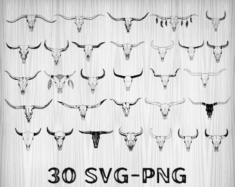 Texas Longhorn Skull Bundle: Hand Drawn Western SVG PNG (30 Files)