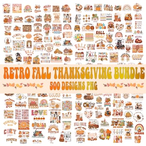 Puede incluir: Un paquete de descarga digital de 500 diseños temáticos de otoño y Acción de Gracias en estilo retro. Los diseños presentan calabazas, hojas y otras imágenes otoñales en una variedad de colores, incluyendo naranja, marrón, amarillo y rojo. Los diseños son perfectos para crear camisetas, tazas, bolsas de mano y otras manualidades.