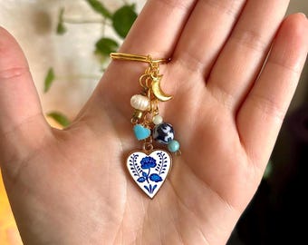 Delicate Blue Floral Heart Keychain | Fairycore Keychain | Dainty Cute Keychain