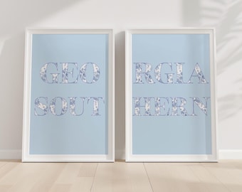 Decorazione da parete della Georgia Southern University - Stampe digitali con lettere floreali blu costiere