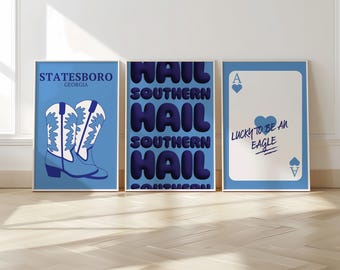 Decorazione da parete della Georgia Southern University - Set di 3 stampe Hail Southern Blue