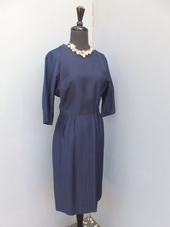 Vintage 1950s Day Dress Navy Blue SILK Dress Wiggle Dress | Etsy