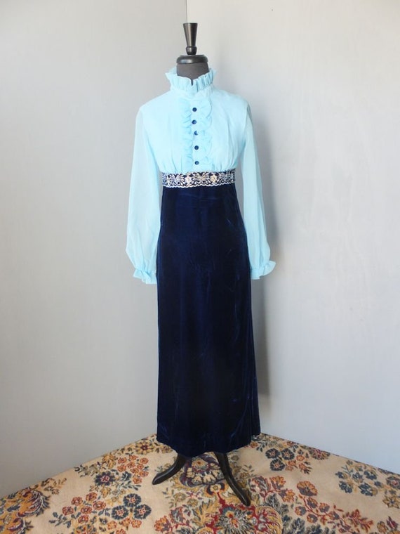 Vintage 70s Dress, Light Blue Chiffon & Navy Blue 