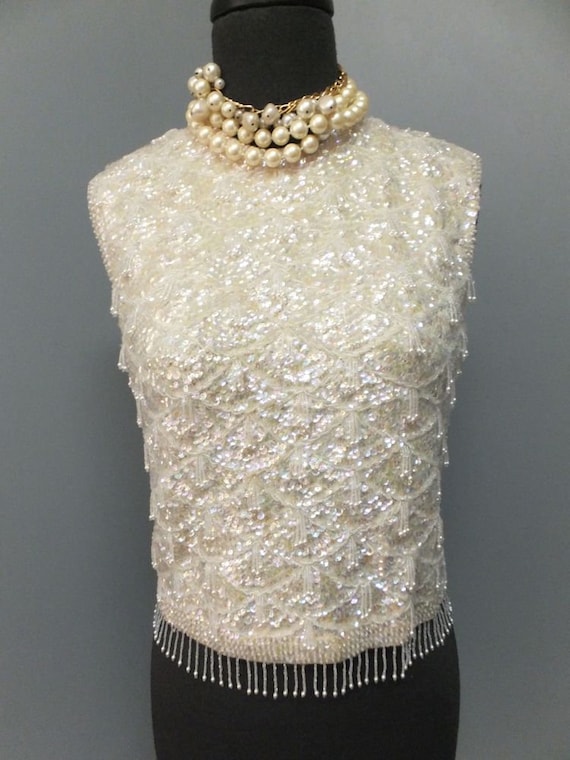 1950s/60s Creamy White Pearl Hand Beaded and Sequ… - image 2