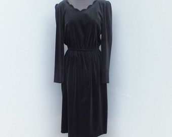 Vintage 1980s Dress, Cheekaberry, Black Velour w/Scalloped Neckline, PADDED Shoulders, School Academia Secretary, Full Skirt