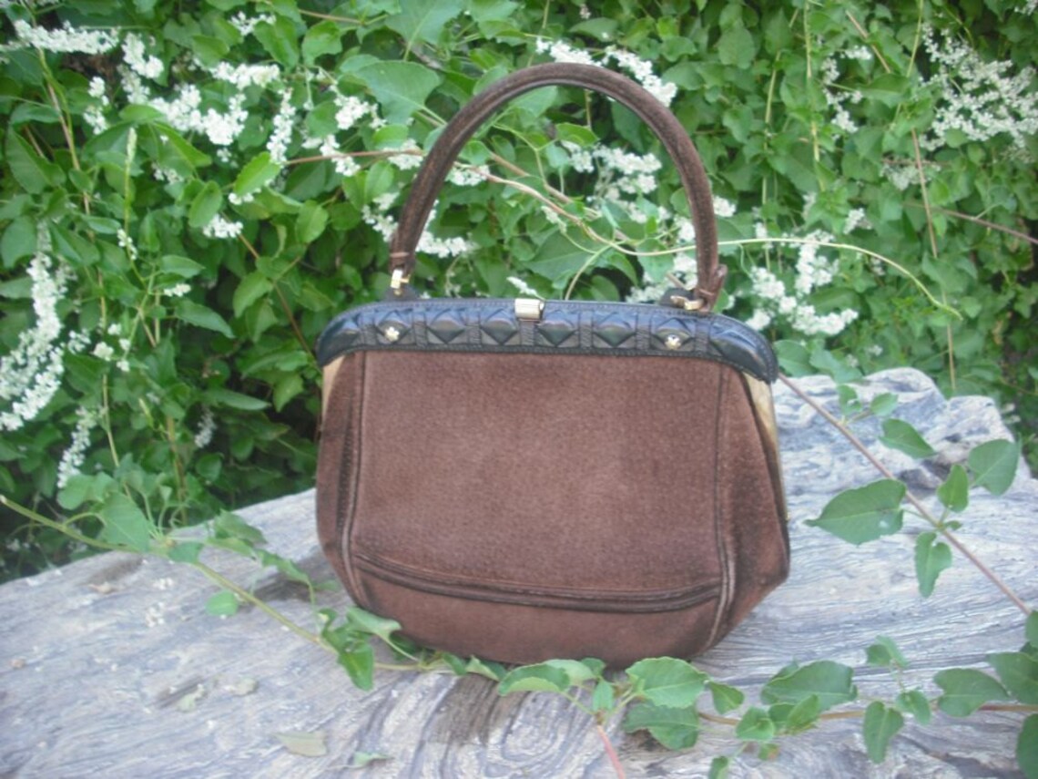 Vintage 1960s/70s  Chocolate Brown Leather/Suede Purse,  Small Leather Handbag,  BOHO, Top Handle, foto 2 di 5
