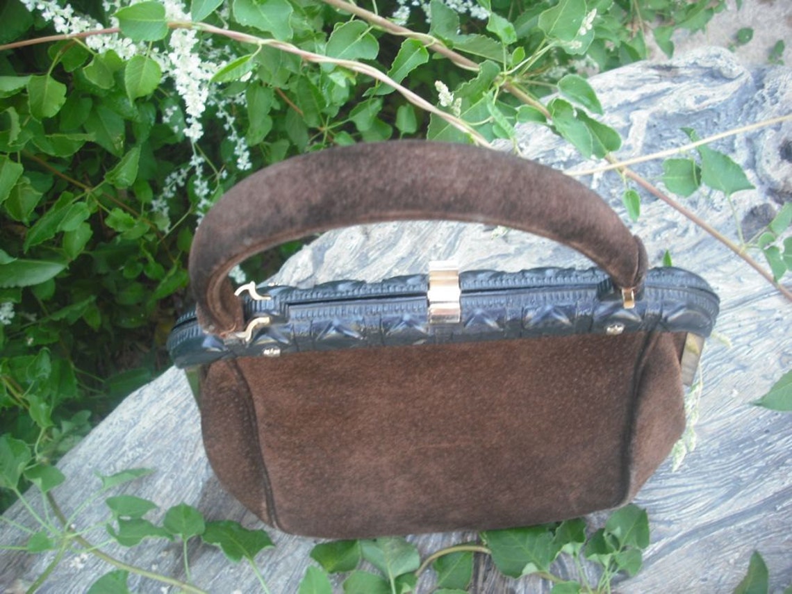 Vintage 1960s/70s  Chocolate Brown Leather/Suede Purse,  Small Leather Handbag,  BOHO, Top Handle, foto 4 di 5