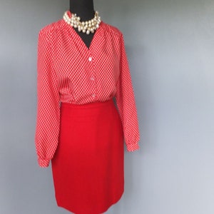 May include: A red and white checkered blouse with a v-neck and long sleeves. The blouse is paired with a red skirt.