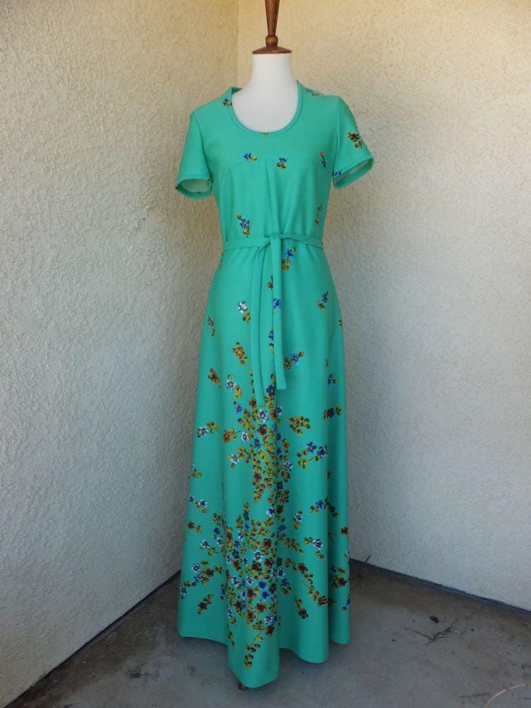 Vintage 1970s Tanglwood Green floral Maxi Dress size 10, boho Prairie Hostess Dress, Seafoam Green garden Party Dress, Bust 34, waist 30