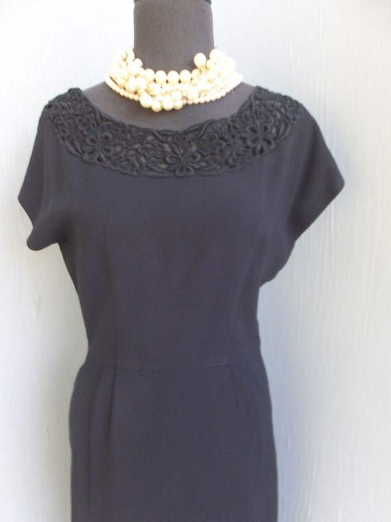Vintage 1940s/50s Black Crepe Dress, Crochet Bodi… - image 2