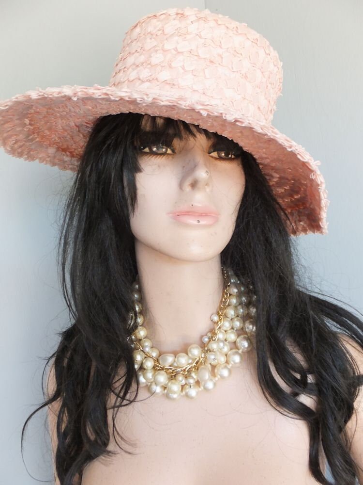 Vintage Summer Straw Hat, Pink Raffia, Wide Brim Sun Hat  display picture 1