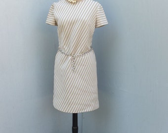 Vintage Dress, 1970s, R & K, Diagonal Stripe A-Line Knit, Crew Neck, Chain Belt,  size 10 or Medium