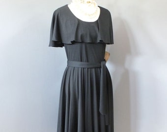 Vintage 1970s Alison Ayres Original, New w/tags, Poly Knit Dress, Day Dress, Boho, Black Secretary Day Dress