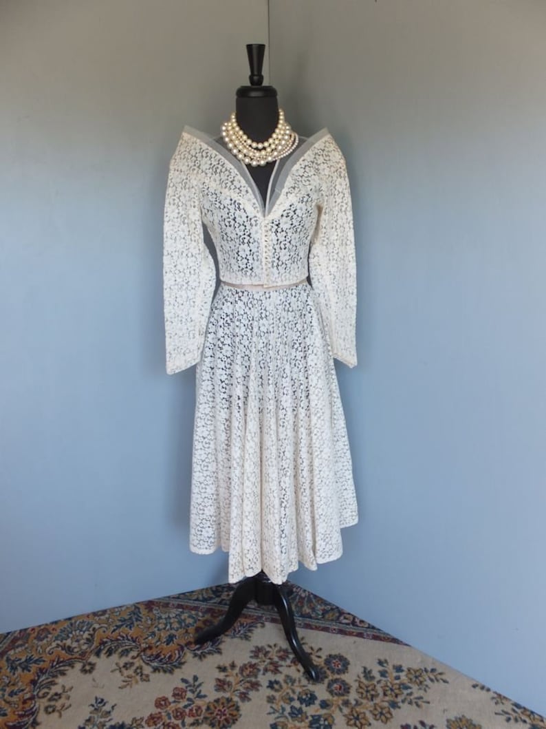 Vintage 1950s Off White Lace Bridal Gown Bust 34 Waist 24 OOAK 2 Pc Bridal Suit wFull Circle Skirt Exquisite